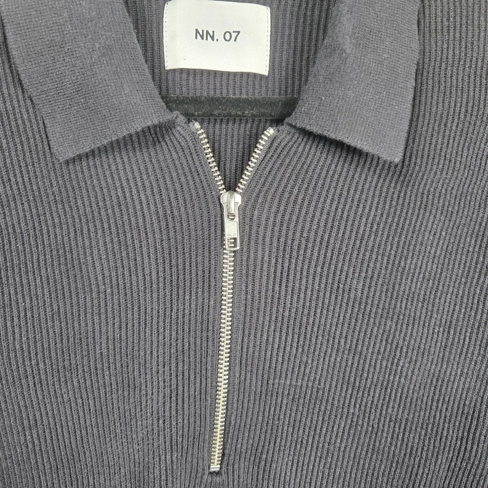 NN.07 Hansie SS Zip Rib Knit Polo‎ Sweater Organic Cotton Black Size L